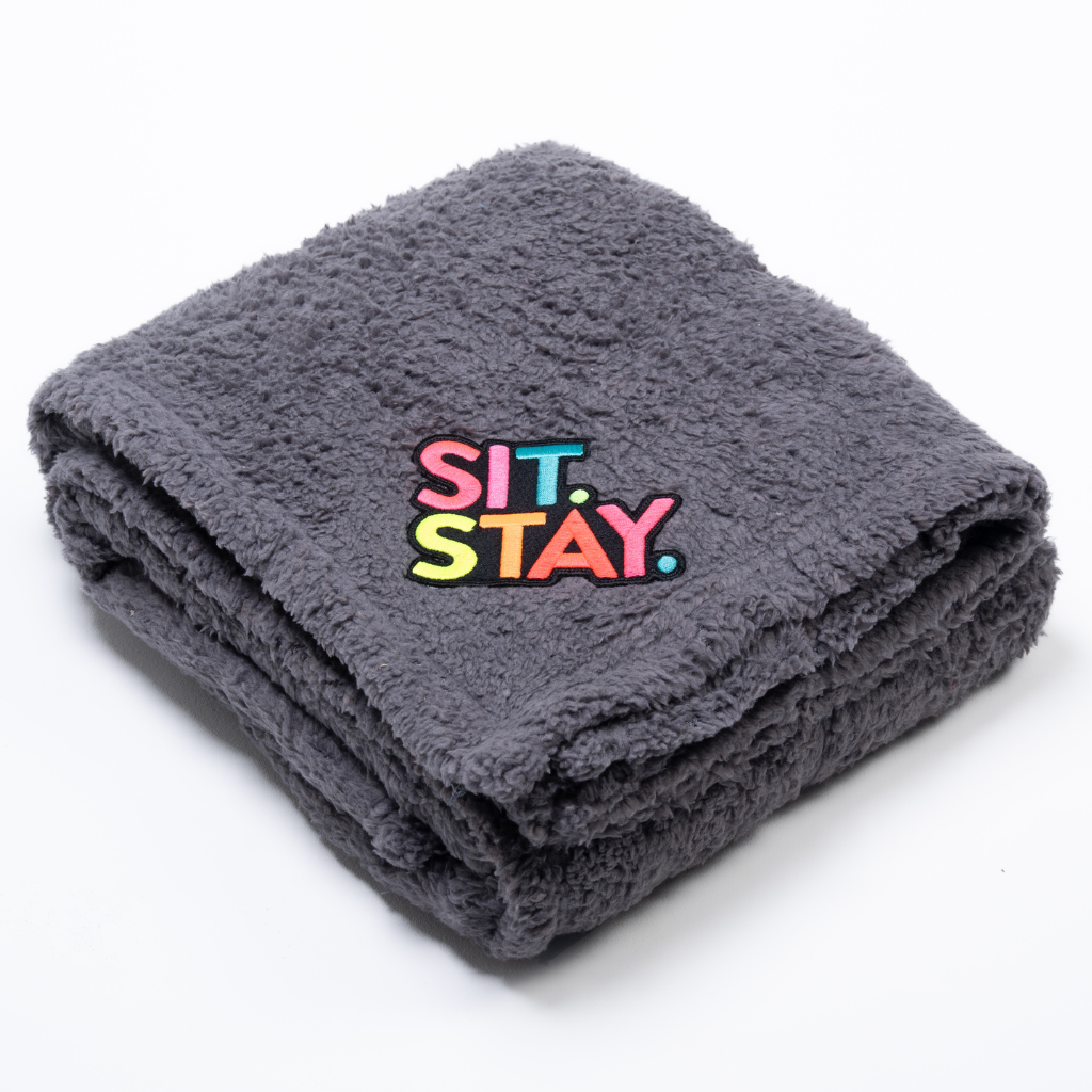 'Sit Stay' Fleece Dog Blanket | Grey with Slogan Embroidery