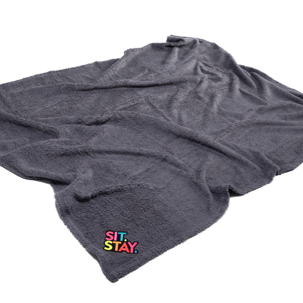 'Sit Stay' Fleece Dog Blanket | Grey with Slogan Embroidery