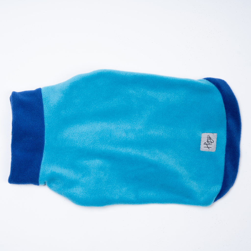 Blue pet sweater with HIGGS logo on a white background