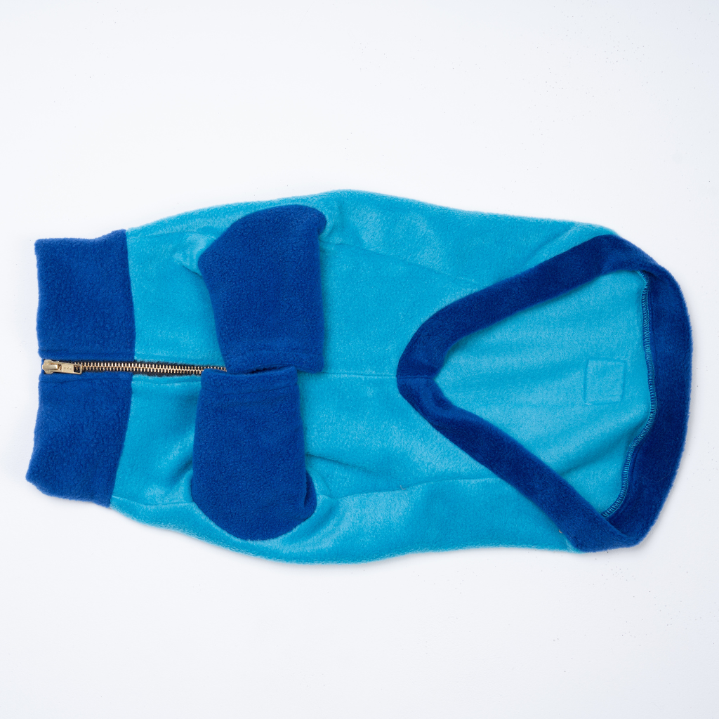Blue fleece dog sweater on a white background with standard sleeve design