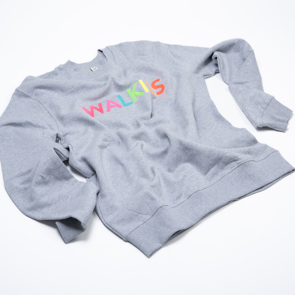 Grey WALKIES sweatshirt with neon rainbow embroidery by HIGGS