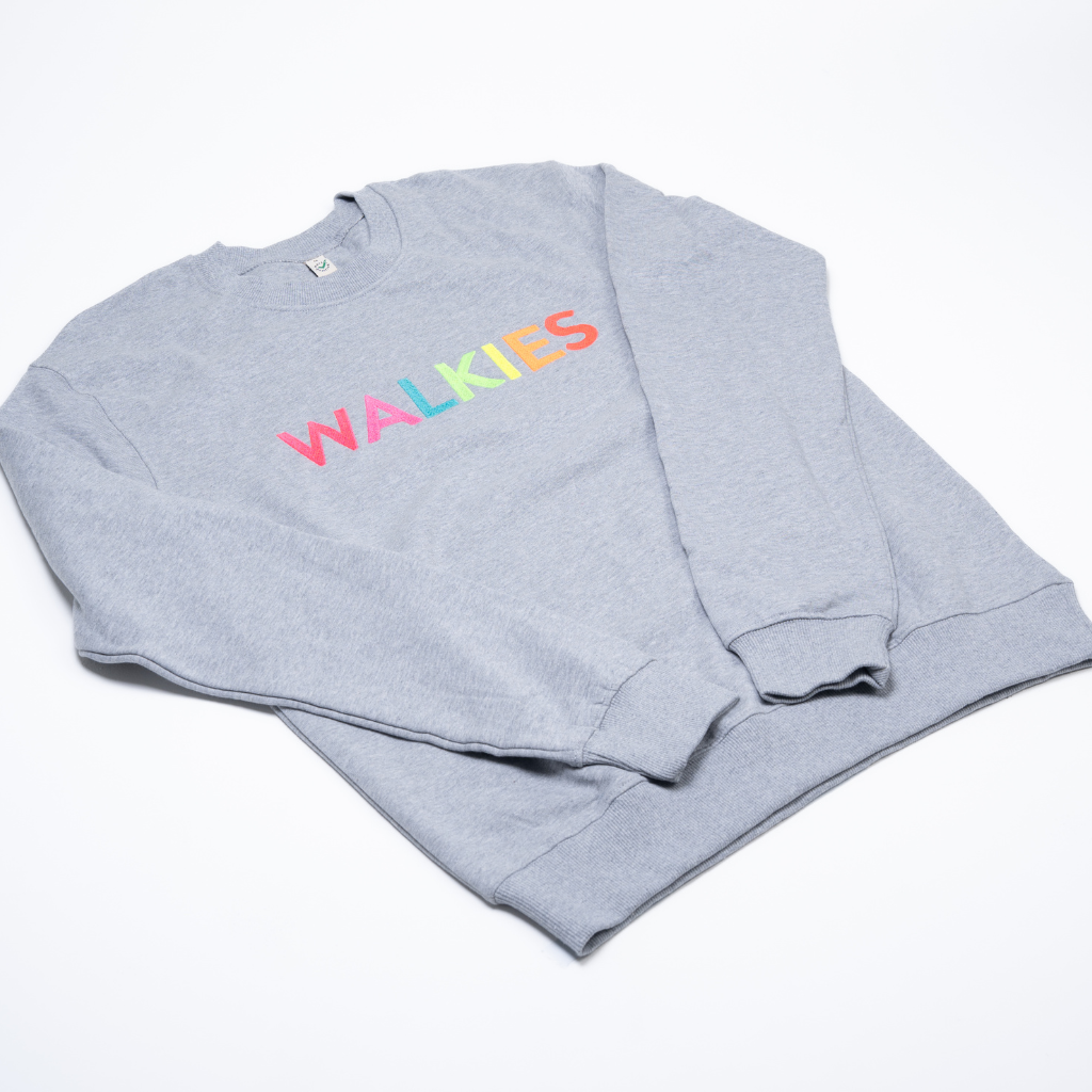 HIGGS grey WALKIES sweatshirt front view with embroidered slogan
