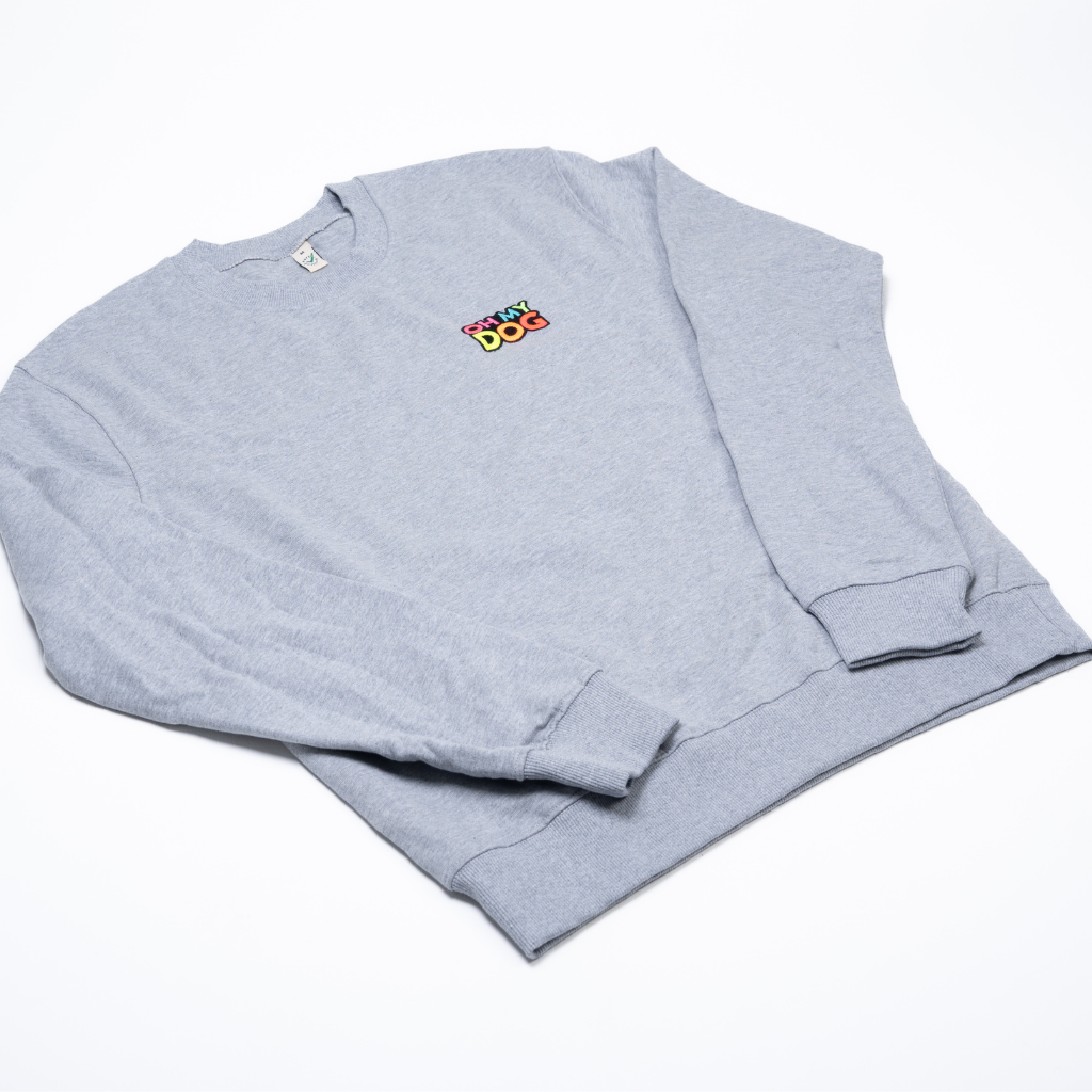 HIGGS OHMYDOG sweatshirt front view with embroidered slogan