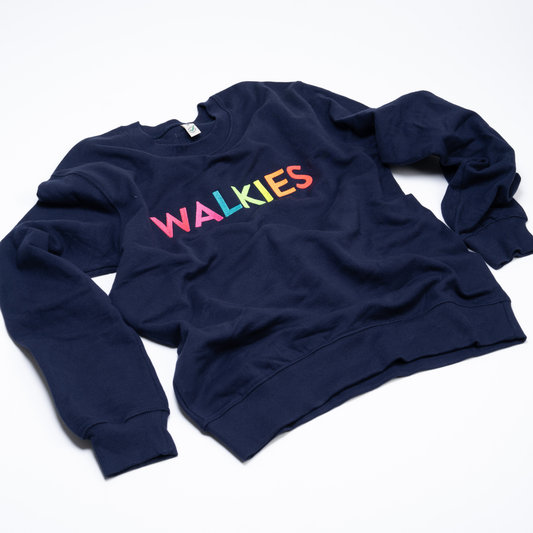 Navy blue sweatshirt with 'WALKIES' in colorful letters on a white background