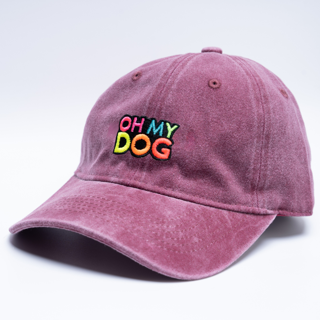 Raspberry pink OHMYDOG embroidered washed cotton cap, pink unisex cap