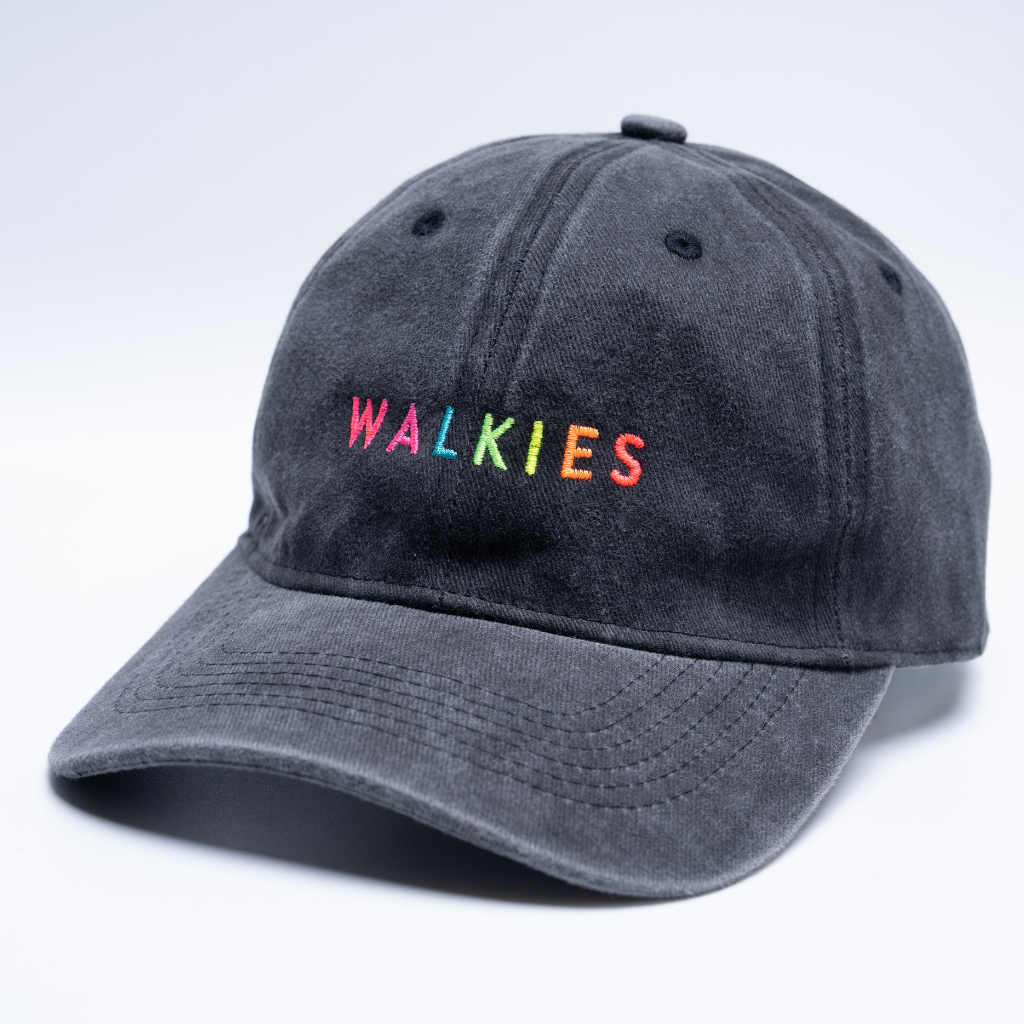 Black WALKIES embroidered washed cotton cap, unisex everyday hat